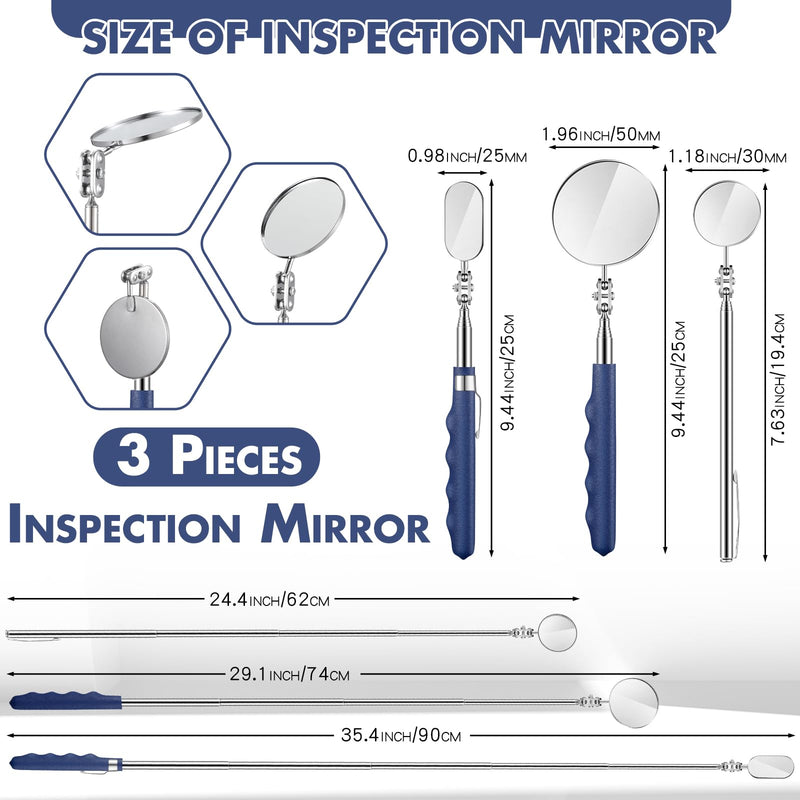 3 Pieces Telescoping Inspection Mirror Stainless Steel Mechanic Mirror with Long Handle Extendable Mirror Telescoping Mirror Tool for Technicians Mechanics Contractors (Oval, Round) Oval, Round