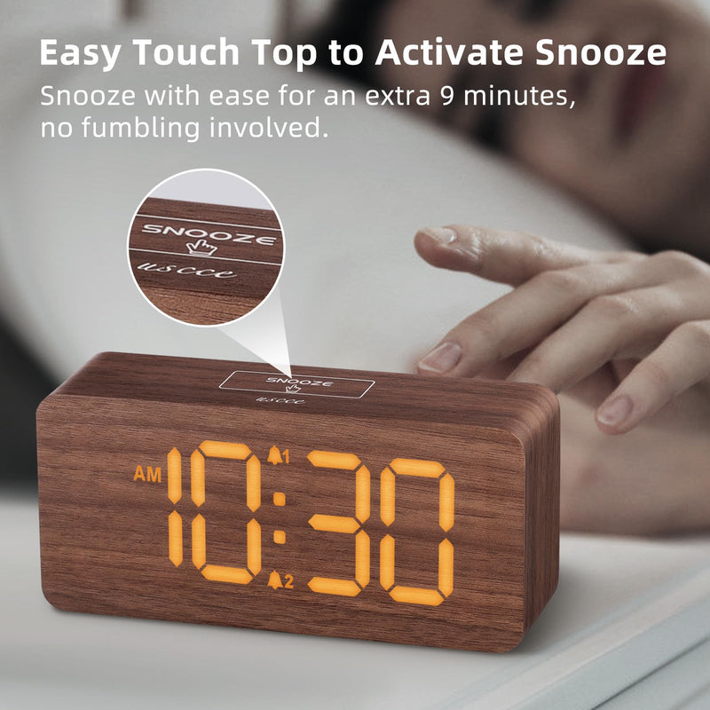 uscce Wooden Digital Alarm Clocks for Bedrooms: Dimmable Dual Alarm Clock with Large Numbers for Bedside Desk - Loud Alarm for Heavy Sleepers with Volume Control - Wood Decor & Gifts Brown - Amber Digits (Plug-in)