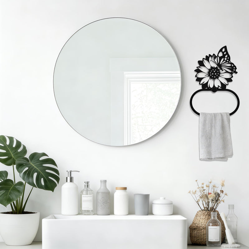 Black Metal Sunflower & Butterfly Wall Mounted Towel Ring, Floral Design Decor Accessories, Artistic Plant Towel Holder Decorative Gift for Kitchen Home Restroom Office Hotel Laundry Room