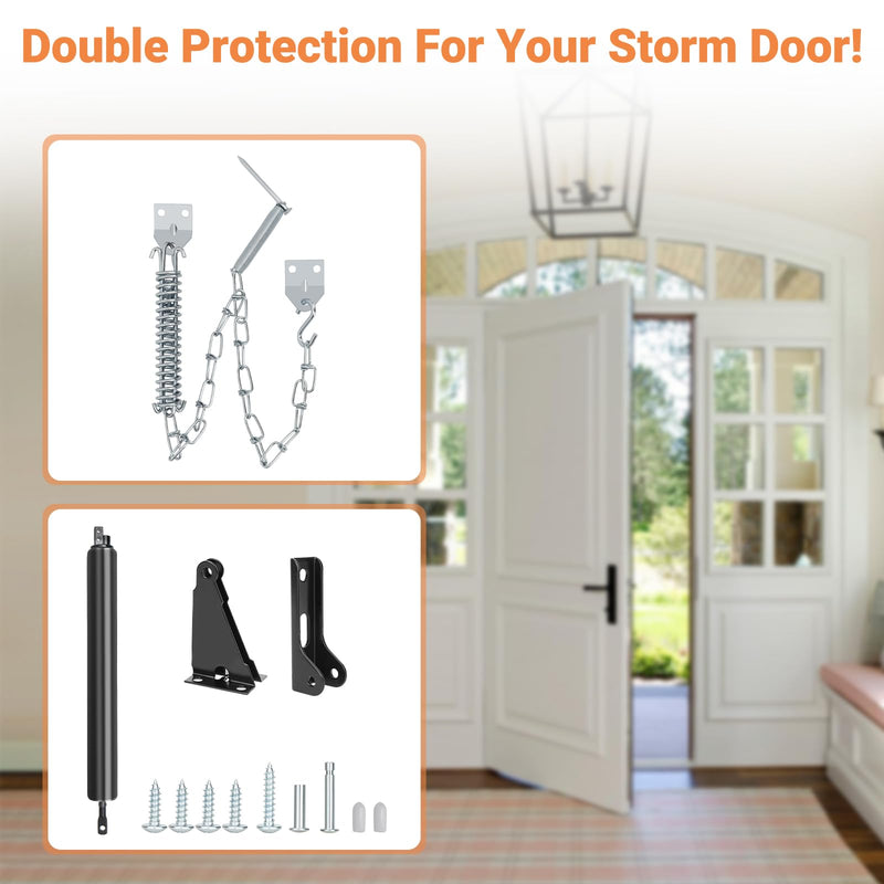 Storm Door Closer, Heavy Duty Screen Door Closers with Protector Chains Spring, Storm Door Bracket Kit Compatible with Andersen/Emco/Larson/40201 (Closer and Chain, 1 Pack(Black)) Closer and chain 1 Pack(Black)