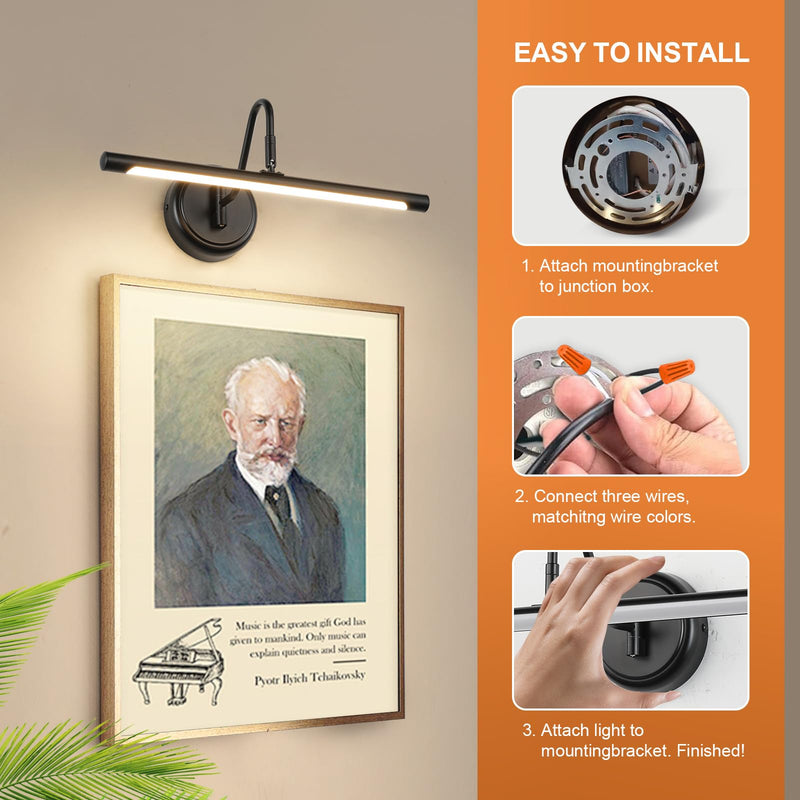 JOOSENLUX Picture Lights for Paintings Hardwired 16.5" Inch Long Dimmable Black Wall Lights with Adjustable Lighting Direction 110V 3000K 16.5" Long Dimmable