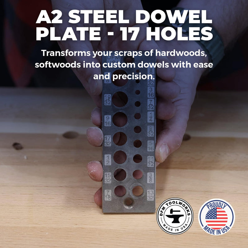Doweling Tool - Premium Dowel Maker Tool, Versatile Dowel Plate, High-Grade A2 Steel for Woodworking, Made in USA - English 17 Holes, Multi-Size