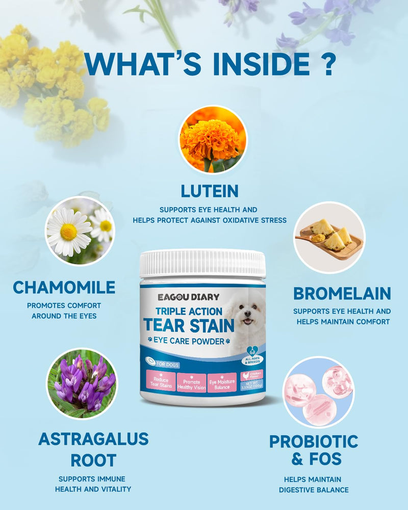 Dog Tear Stain Remover Supplement for Eye Health & White Fur Care - Mushroom for Dogs - with Turkey Tail Mushroom for Dogs, Lion’s Mane, Shiitake