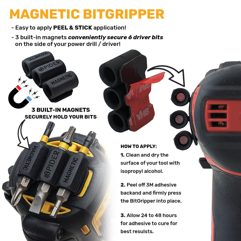 Spider Pro Tool Holster Bundle - 1 Pro Tool Holster + 2 Pro Tool Grip + 2 Pro Tool Tabs + 2 Drill Pins + 1 BitGripper + 1 Magnetic BitGripper - Compatible with All Major Brands