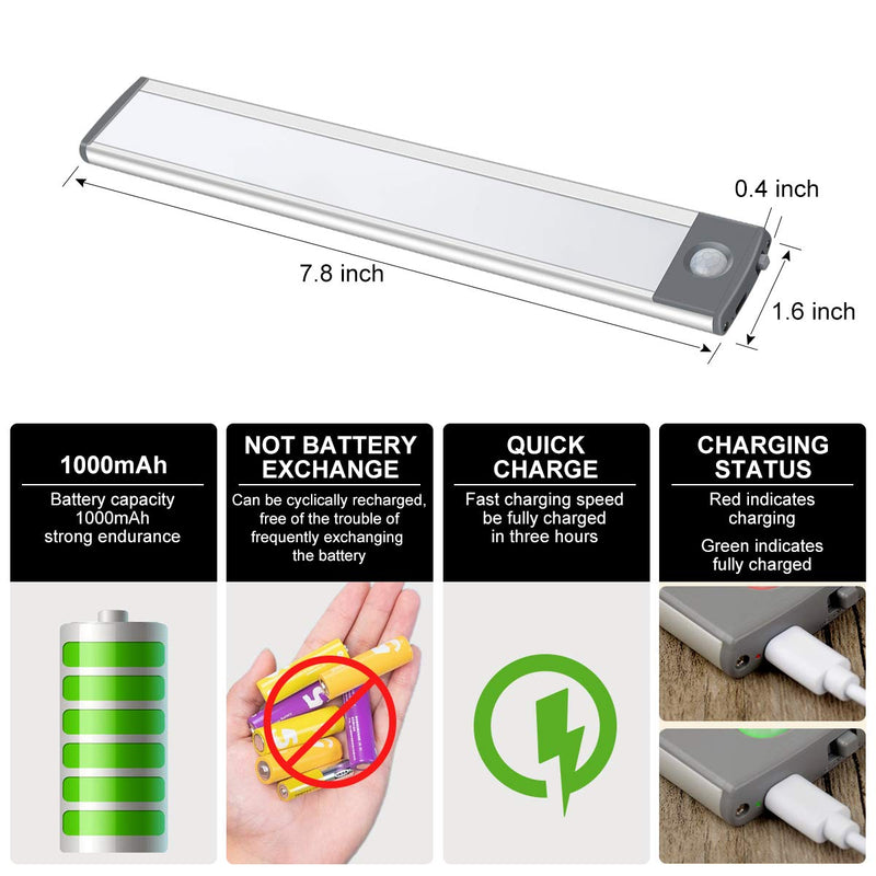 LEPOTEC 30-LED Motion Sensor Cabinet Light,Magnetic Motion Activated Light,Under Counter Closet Lighting, Wireless USB Rechargeable Kitchen Cupboard Night Lights,Motion Activated Light Bar-2Pack Silver-white Light 7.8inch-30LED
