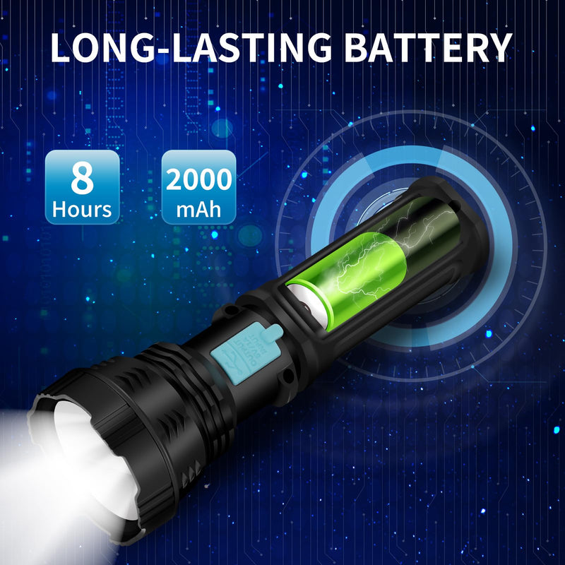 Led Solar Flashlight, 1500 Lumens Led Solar Handheld Rechargeable Flashlights with IP65 Waterproof, 2000mAh Battery for Survival Emergencies Camping (2 Packs) 2 Packs