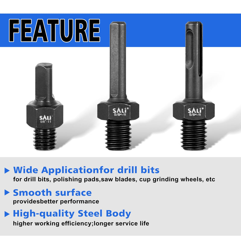 SALI 2PCS Core Drill Bit Adapter 5/8"-11 Thread Male to 3/8" SDS Plus Shank and 3/8" Triangle Shank 5/8" -11 Male Drill Bit Adapter for Threaded Diamond Hole Saw Diamond Core Drill SDS PLUS and 3/8" Triangle Shank - NewNest Australia