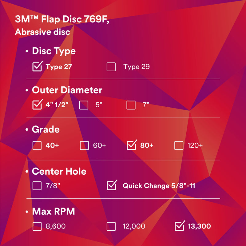 3M Flap Disc 769F, Type 27 Quick Change, 80+, 4-1/2 in x 5/8-11, High Performance Abrasive, Ceramic Precision-Shaped Grain Grinding and Finishing Disc, Carbon Steel, Stainless Steel 4.5 in x 5/8 in-11 T27 Quick Change, 80+