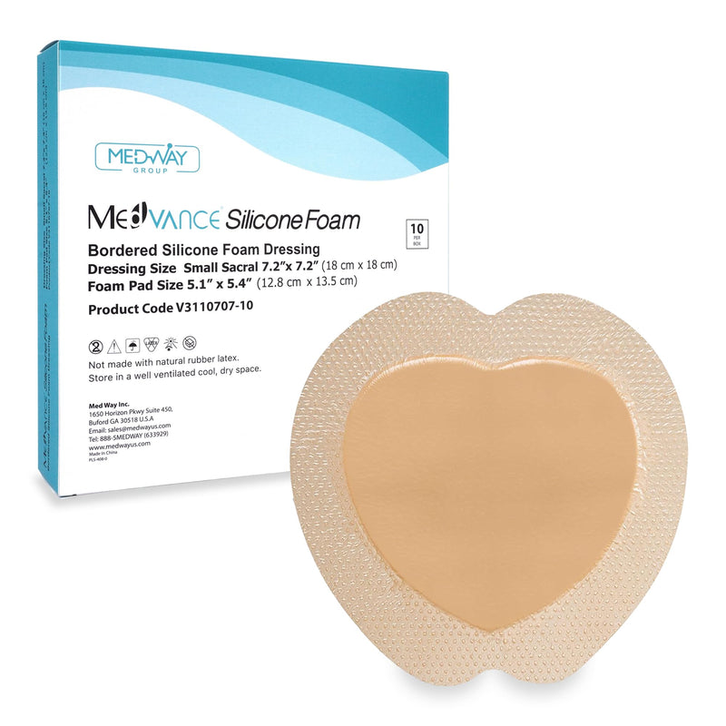 MedVance TM Silicone - Sacral Bordered Silicone Adhesive Foam Wound Dressing, Bed Sore Treatment Bandage for Sacrum, Size 7"x 7", Box of 10 dressings