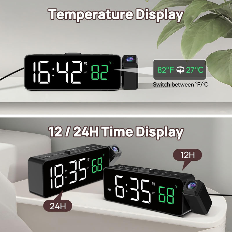 Netzu Projection Alarm Clock for Bedroom Ceiling, Small Compact Plug-in Digital Clocks with 180° Rotatable Projector, Temperature 4 Levels Birghtness, 3 Volumes and Snooze (Black) Black