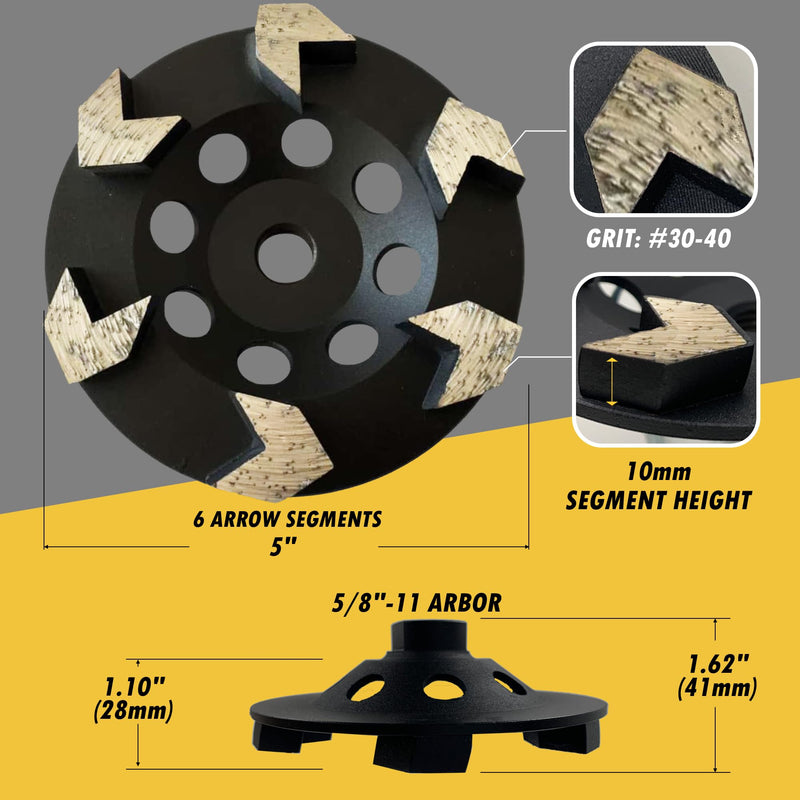 5" High Performance Diamond Grinding Wheels for Concrete, Paint, Epoxy, Mastic, Coating Removal, #30/40 Grit, 6 Arrow Segments, 5/8"-11 Arbor 5" Diameter - 5/8"-11 Threaded Arrow Segments - #30/40 Grit