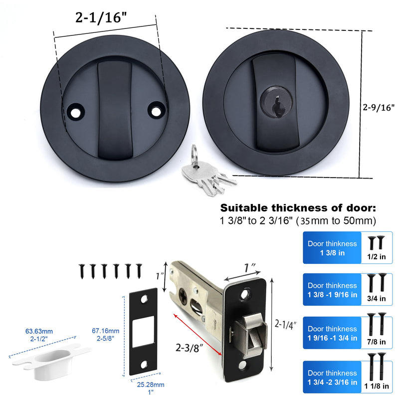 Dontay Pocket Door Keyed Lock, Round Contemporary Entrance Sliding Barn Door Lock Latch, Recessed 2 Sided, 2-3/8 inch Backset, Flush Handles Hardware(Matte Black,1) Matte Black 1