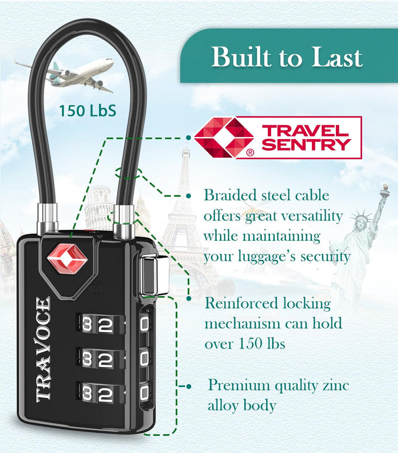 TSA Approved Luggage Locks, Travel Locks Which Also Work Great as Gym Locks, Toolbox Lock, Backpack and More, Black 4 Pack 1.4*0.72*3.54 in