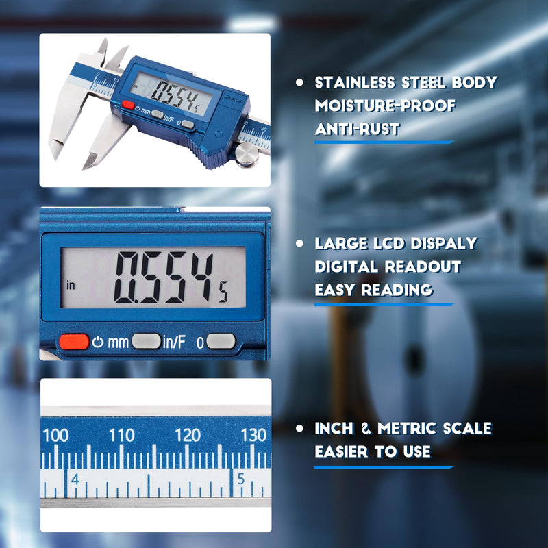 Dasqua Digital Caliper 6", IP54 Stainless Steel Water Resistant Caliper with Large LCD Display and Storage Case, Easy Switch Between Inch/Metric/Fraction, Accuracy 0.001'', Precision Measuring Tool 6“IP54