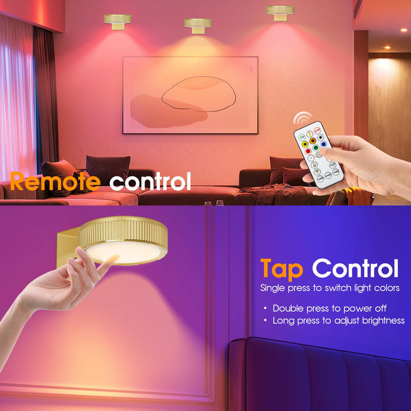 RGB Magnetic Suction Spotlight - Battery-Powered, Wireless, Remote Control with Adjustable Timer for Art Displays and Galleries 3 Pack Gold - NewNest Australia