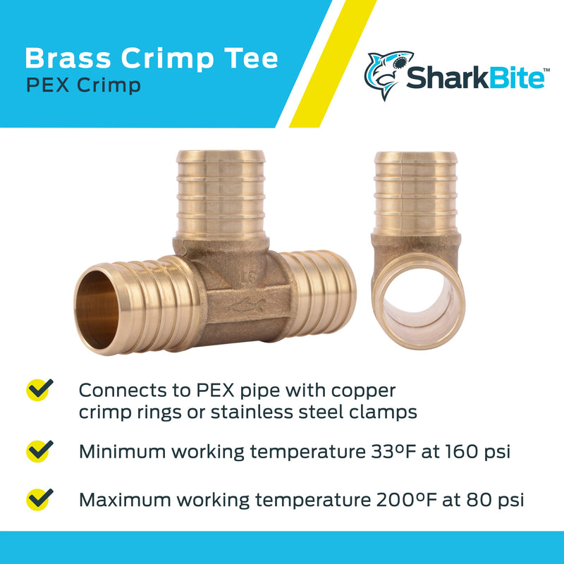 SharkBite 1 Inch Crimp Tee, Pack of 10, Brass Plumbing Fitting, PEX Pipe, PE-RT, UC374LF 1 in., 10 pack
