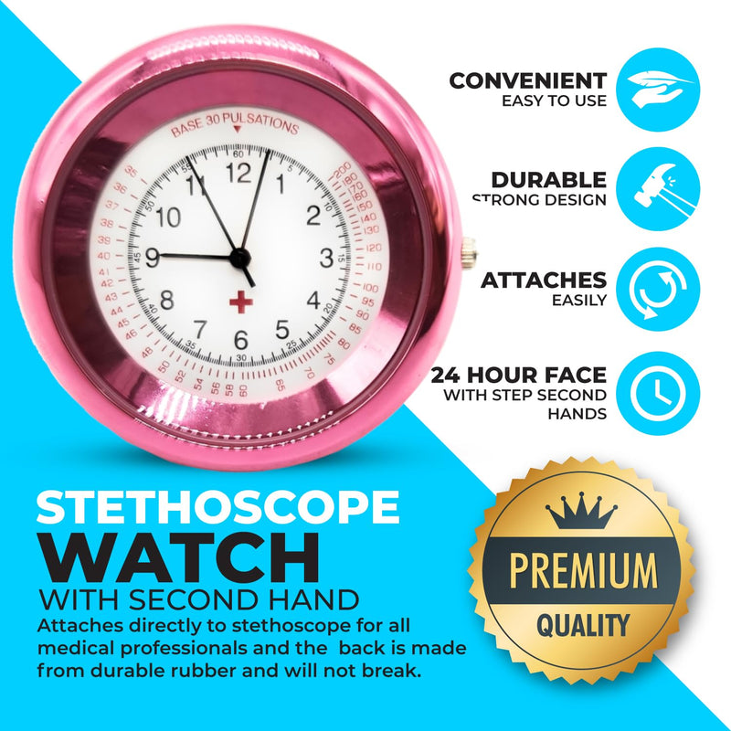 Nurse Stethoscope Watch - Lightweight Metal Frame- Attaches Directly to Stethoscope for All Medical Professionals - Pink