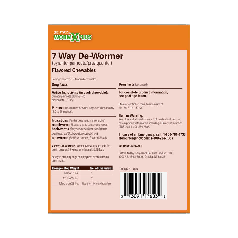 Worm X Plus 7 Way De-Wormer Chewables for Dogs - Tablets for Small Dogs & Puppies (6-25 lbs) (pyrantel pamoate/praziquantel), 2 Count Dogs 6 to 25 lbs 2 Count (Pack of 1)
