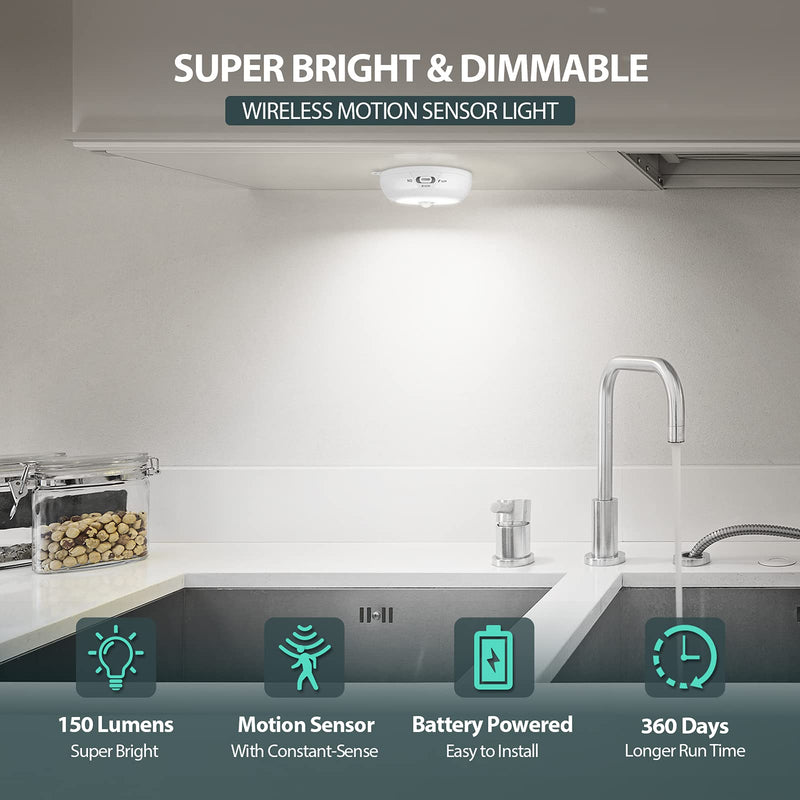 Motion Sensor Light Indoor, LED Night Light Closet Lights, Under Cabinet Lights, AA Battery Operated Stick on Wireless Puck Lights for Wall, Step, Stair, Dimmable (3 Pack) 6000K Clean White-3 Pack
