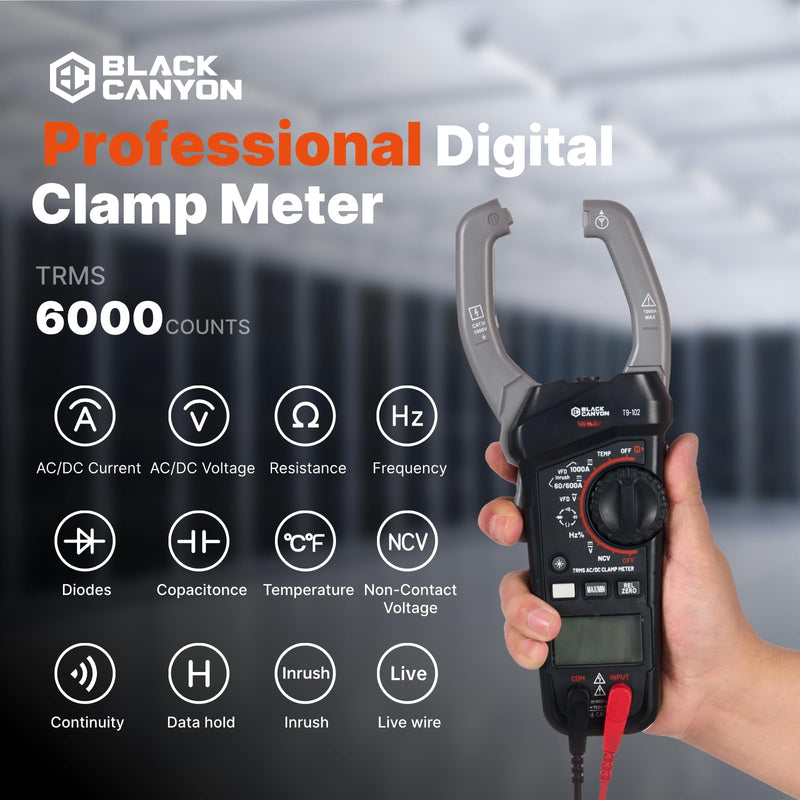 BLACK CANYON Digital Clamp Meter – TRMS AC/DC Clamp Multimeter 1000A, Amp Meter, DC Amp Meter, Inrush Current, Voltage, Resistance, Capacitance, Diode, Temp, NCV, Backlight LCD