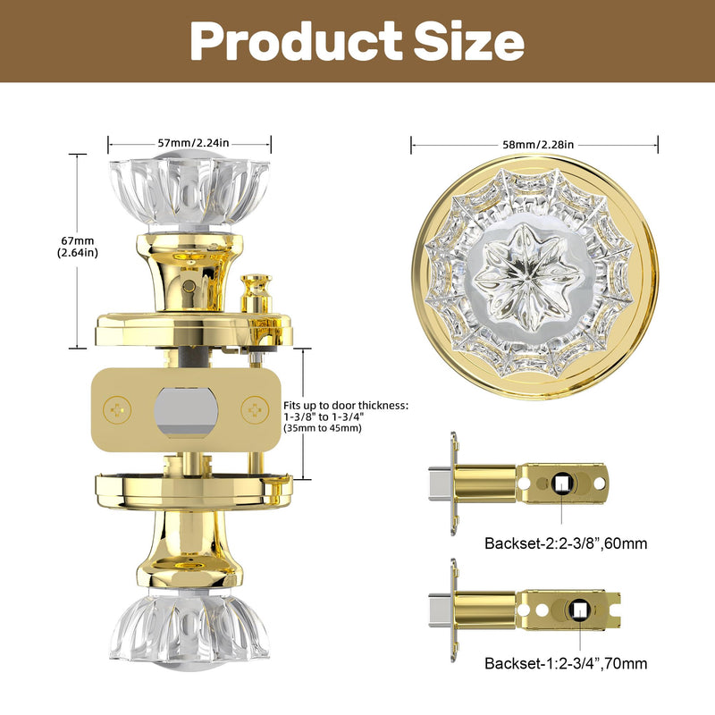 Glass Door Knobs Interior, Privacy Crystal Door Knobs with Lock for Bedroom Bathroom, Push Pin Button Inside Lock Polished Gold Privacy 1Pack