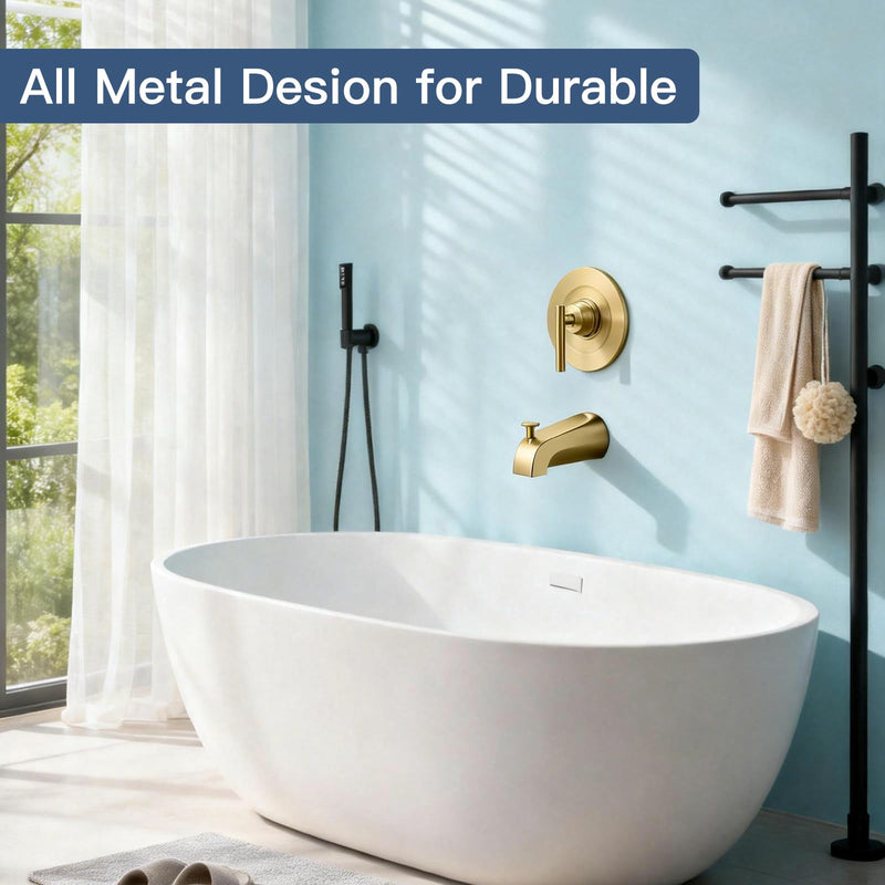 Bathtub Spout with Diverter, All Metal,5.3 Inch Tub Spout, Fits 1/2" Copper Slip-On and 1/2" or 3/4" IPS Threaded Pipes, Leak-Free, Slip Fit Tub Spout with Pull-Up Diverter，Brushed Gold Brushed Gold