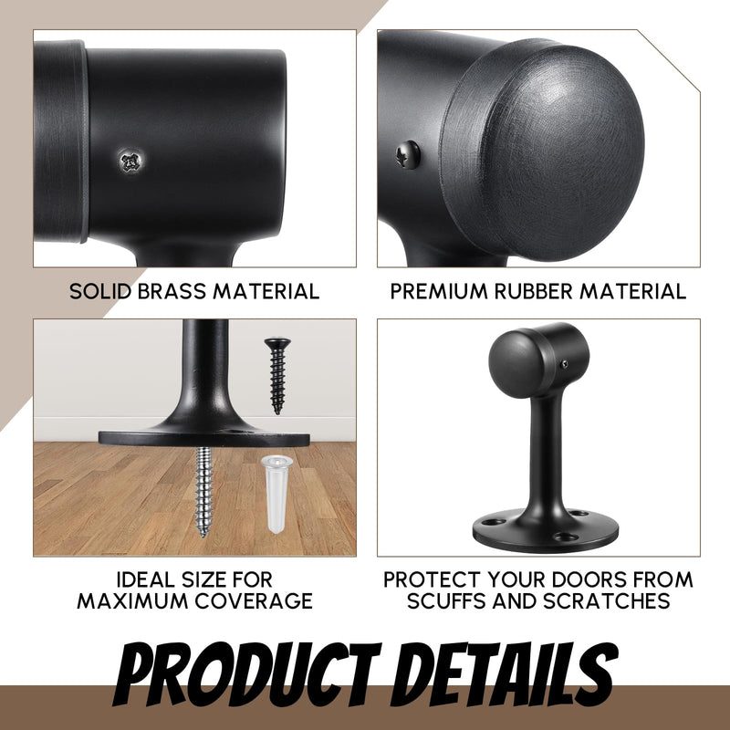 2 Pack Heavy Duty Floor Mounted Door Stops, 3 Inches Solid Brass Bumper Stop Commercial Grade Solid Brass Door Stop Accessories with Rubber Bumper and Stainless Steel Screws, Matte Black Classic 2