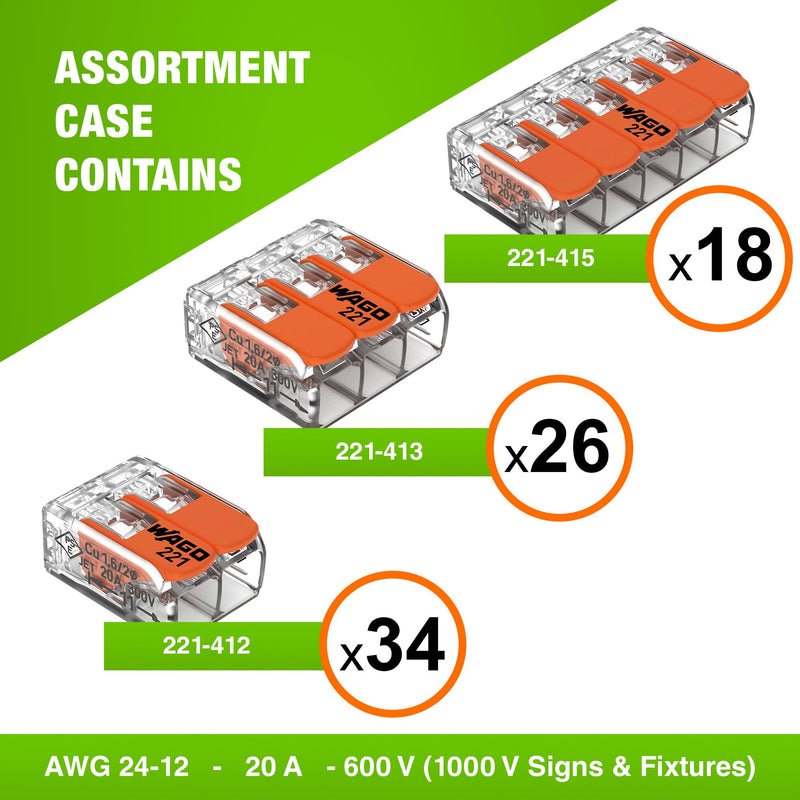 WAGO 221 Series 78pc Compact Splicing Wire Connectors | Includes (34x 221-412), (26x 221-413), (18x 221-415) | WAGO Wire Connectors | WAGO 221 Wire Nuts | WAGO 221 Series Assortment with Case NAA221-78