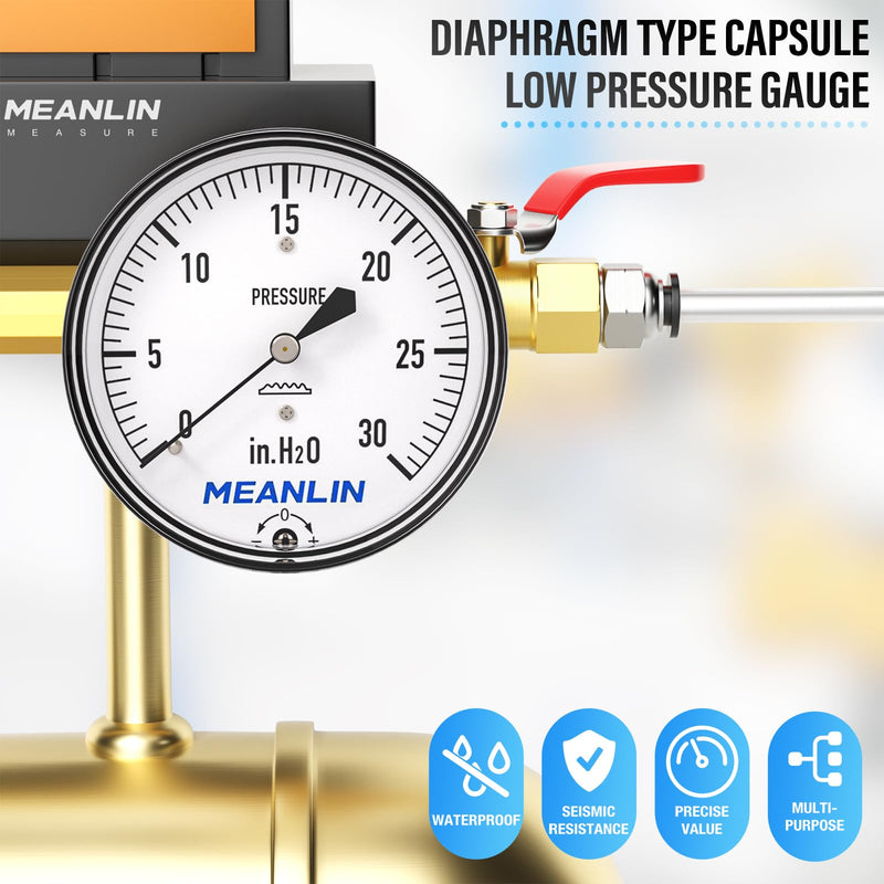 MEANLIN MEASURE 0-30 in H2O Diaphragm Type Capsule Low Pressure Gauge 1/4" NPT 2-1/4" FACE DIAL Adjustable Water Column Gauge, with 1/2" NPT and 3/8" NPT Hex Bushing, Back Mount 0~30 in H2O