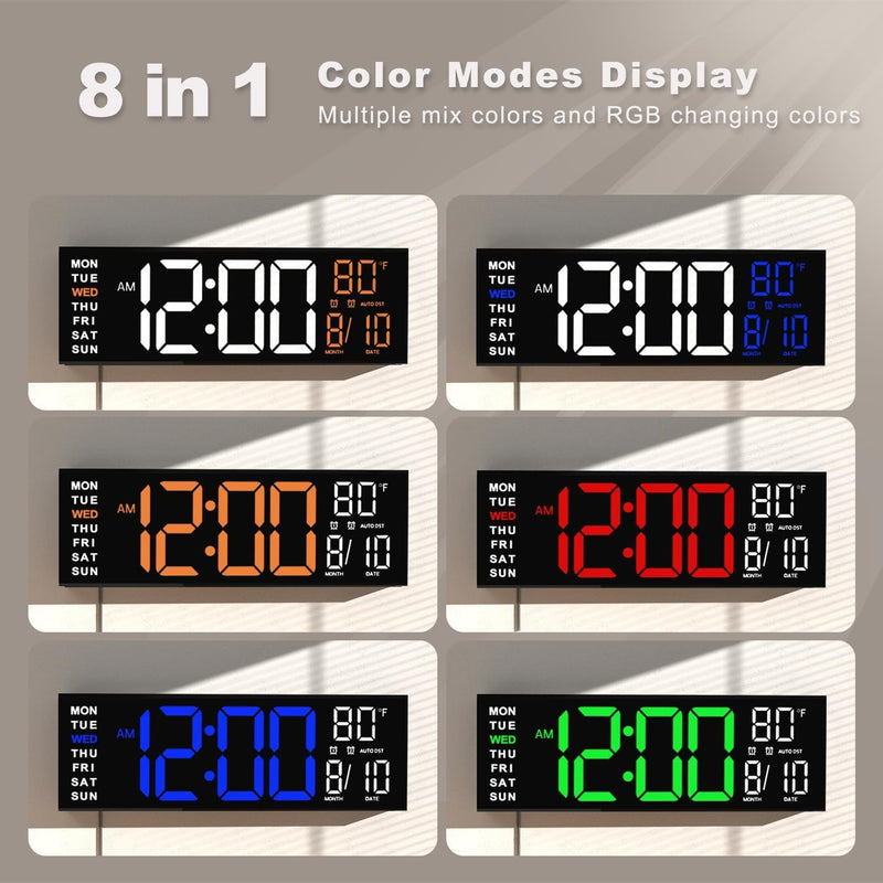 JALL 16" Large Digital Wall Mount Clock, Count Down Timer, Alarm, Big LED, RGB Color, DST, Temperature for Living Room Classroom Desk, Xmas, Birthday Gift for Senior Mom Dad (Red White, 16 inches) Red White
