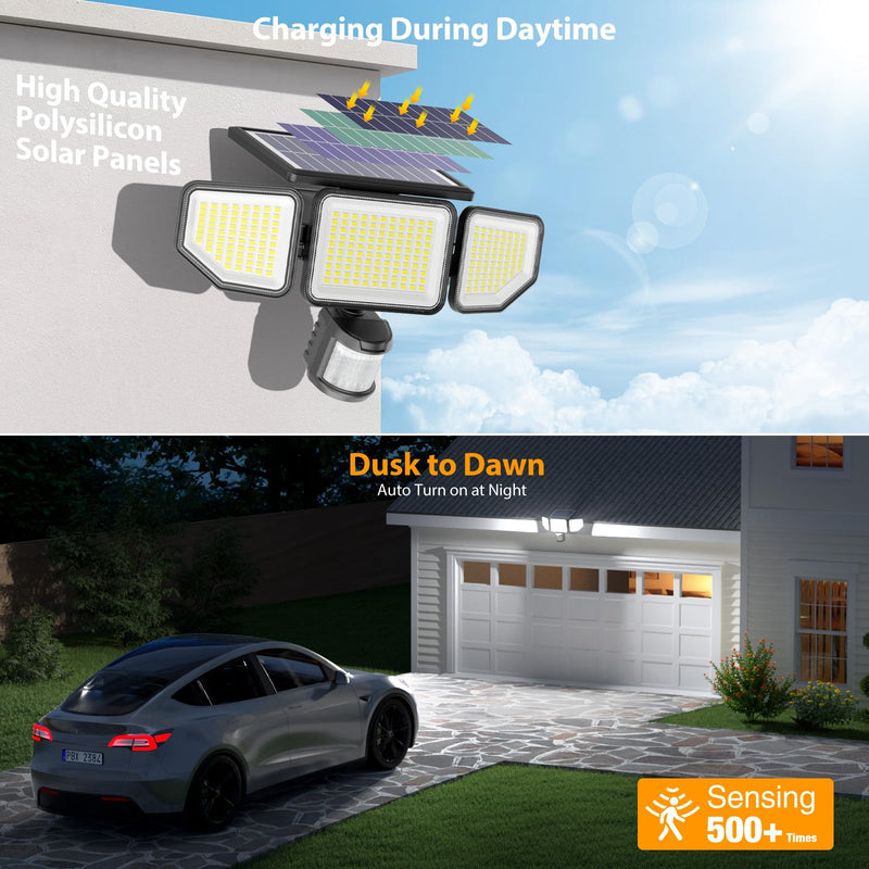 Onforu 3000LM Solar Lights Outdoor, 258 LED 3 Heads Security Lights with Remote Control, IP65 Waterproof Motion Sensor Lights, 3 Modes Flood Lights for Wall, Porch, Yard, Outside, 2 Pack