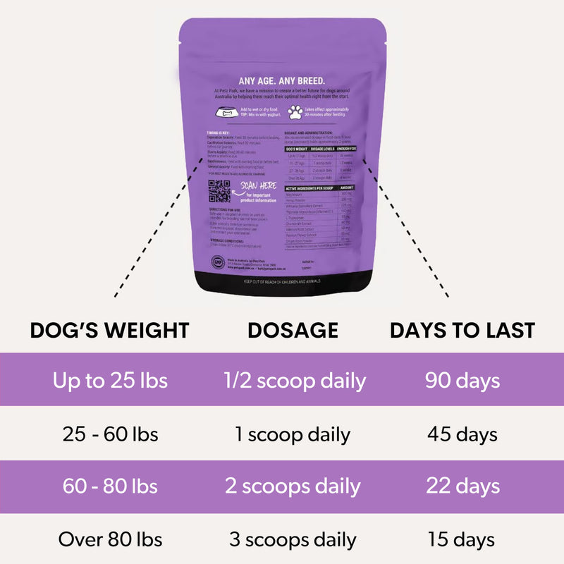 Stress and Anxiety Supplement for Dogs - Calming Dog Powder Supplement - Decreases Stress, Calms Fear & Anxiety, Eases Aggression & Insomnia, Relaxes Body and Mind - Beef Flavour - 3.2oz - 45 Scoops - PawsPlanet Australia