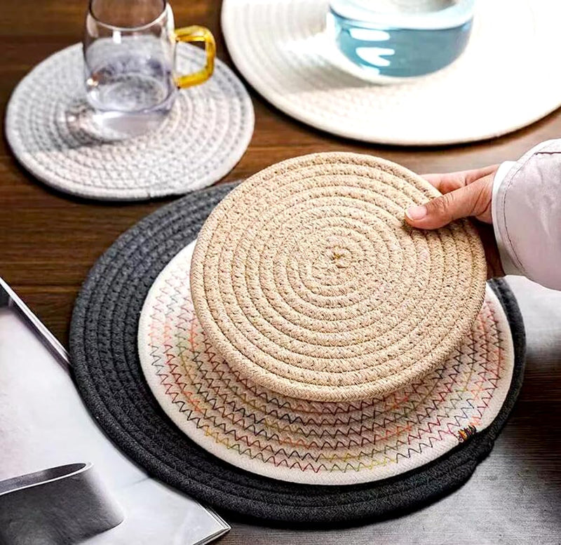Zhiheng 5 Pack Round Coaster Potholder Cotton Braided Trivets Coffee Cup Mat Drink Tableware Hot Pots Placemats for Cooking Baking Housewarming Party Table Decorations (10inch,Beige) 10inch Beige