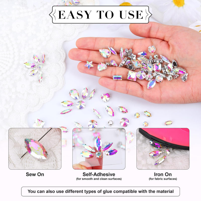 Sew on Rhinestones 205 PCS Glass Mixed Shapes Sew on Crystal Gems Flatback with Silver Claw for Jewelry Crafts Clothes Shoes Costume (AB Rhinestones) Crystal AB