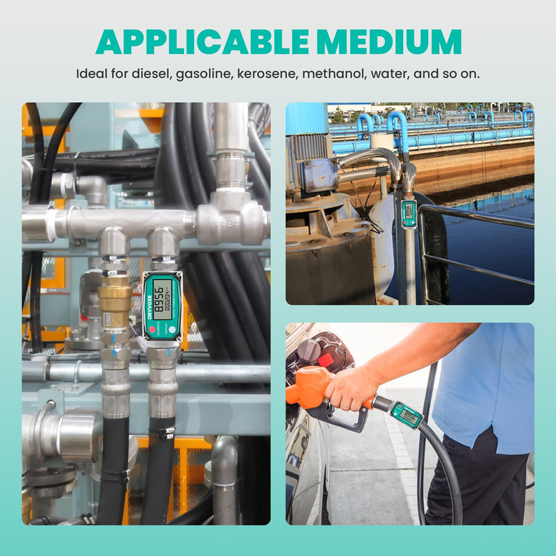 3/4 Inch Digital Turbine Fuel Flow Meter, 0.8-13.2 GPM Inline NPT Thread Flowmeter for Water, Diesel, Gas Oil, Gasoline, Kerosene, Methanol, and Other Liquids-Supports Gallon, QTS, PTS, L, m³