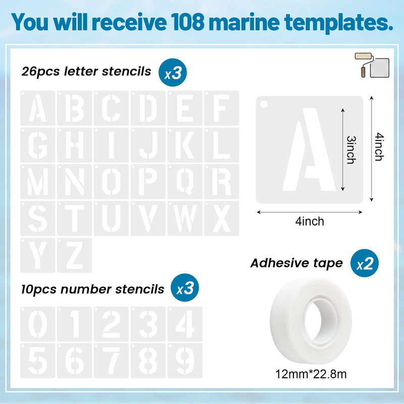 Boat Registration Stencil Kit, 108 Pcs Reusable 3 Inch Marine Letter and Number Stencils, Alternative to Boat Number Stickers for Boats, Kayaks and Pwcs