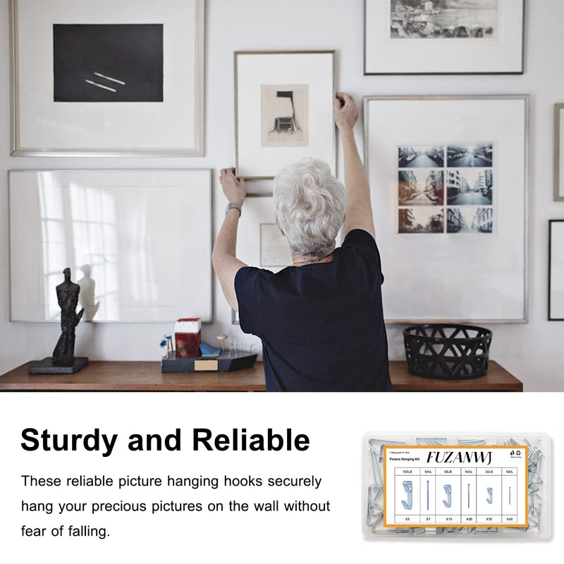 117Pcs Picture Hangers, 3 Size Picture Hooks Including 30/50/100lbs, Picture Hanging Kit, Professional Plaster Picture Hanging Kit for Wooden Wall or Drywall(50 Hangers+ 67 Nails) Silver30- 100lbs