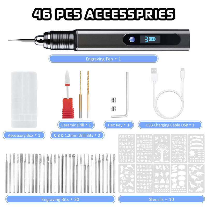 Cordless Engraving Pen Kit with Carrying Case, Rechargeable Electric Engraver Tool with 43 Accessories, 3-Speed Portable DIY Rotary Tool for Jewelry, Metal, Glass, Stone, Wood, Plastic, DIY Gift 43pc