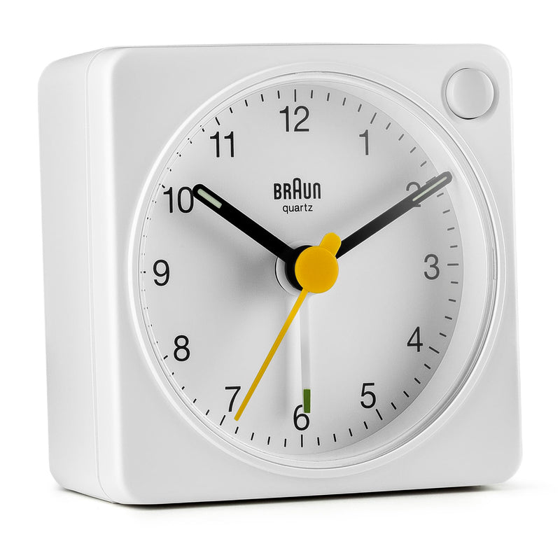 Braun Classic Travel Analogue Alarm Clock with Snooze and Light, Compact Size, Quiet Quartz Movement, Crescendo Beep Alarm in White, Model BC02XW.