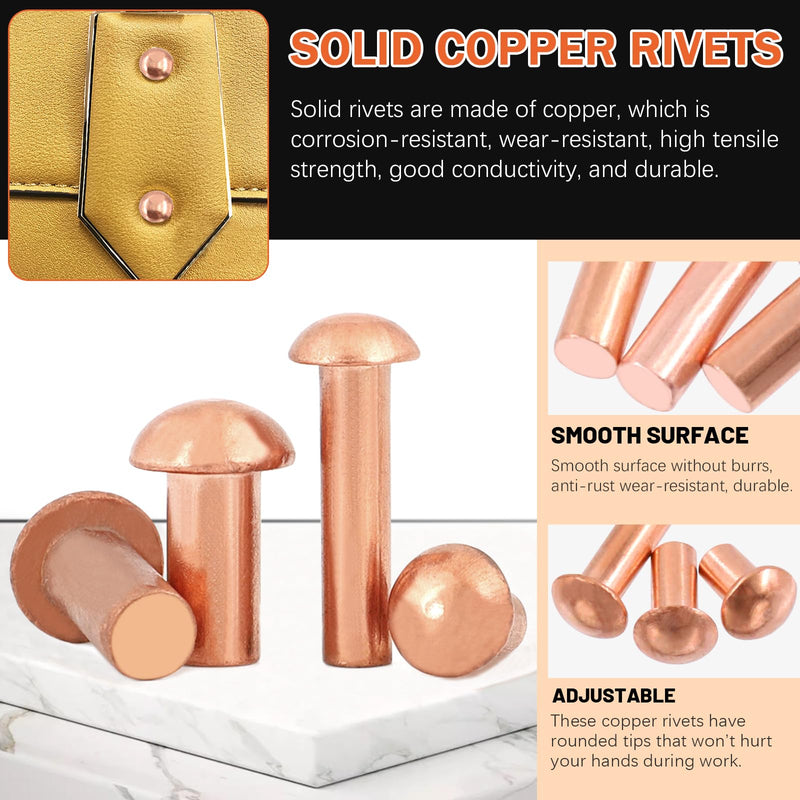 Tanstic 270Pcs Round Head Copper Solid Rivets, M2x4/6/8, M2.5x5/8/10, M3x4/6/10 Solid Copper Rivets Fasteners for Electrical Applications Copper Finish Copper Tone