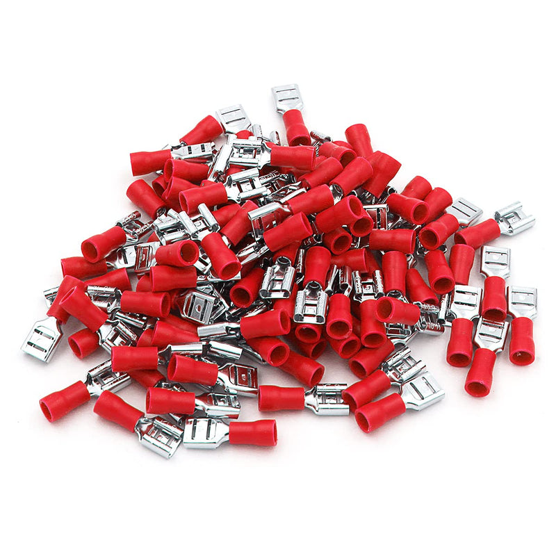 Baomain Female Quick disconnects Vinyl Insulated Spade Wire Connector Electrical Crimp Terminal 22-16 AWG 6.3mm 1/4" Red (100PCS) 100