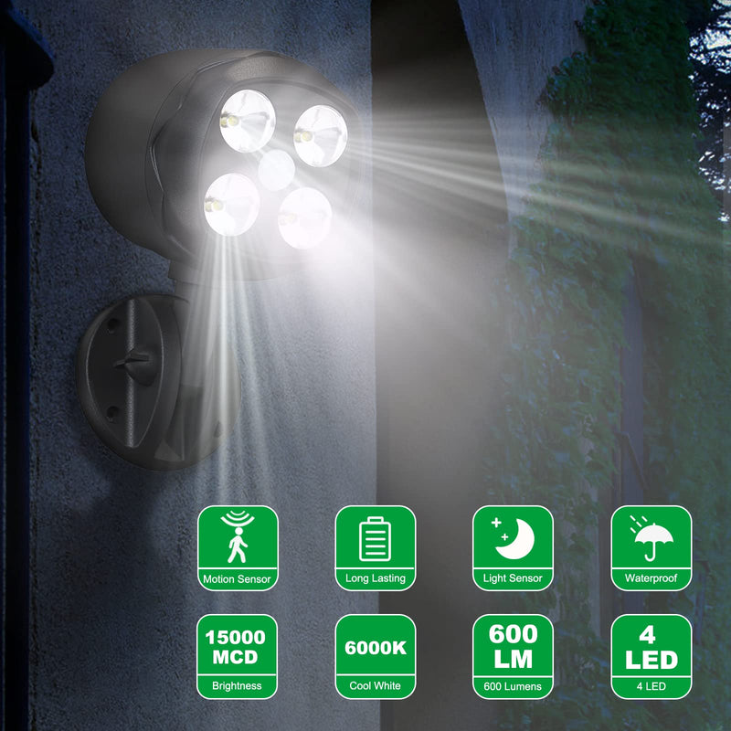 Motion Sensor Outdoor Lights, Battery Operated Outdoor Light, 600LM Motion Detector Lights for Outside, 6000K LED Security Light Battery Powered Spotlight for House Wall, Black(2 Pack) 2 pack