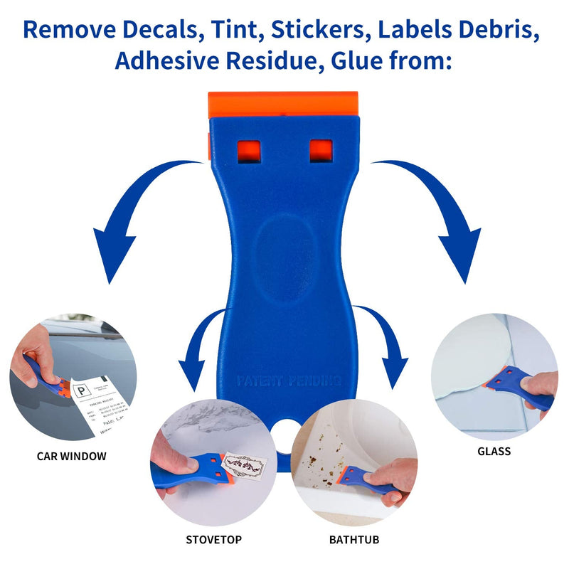 Plastic Razor Blade Scraper, 2 Pack Razor Scraper with 120 Pcs Razor Blades for Removing Glue, Sticker, Decals, Tint from Car Window and Glass(Blue) Blue-2PCS