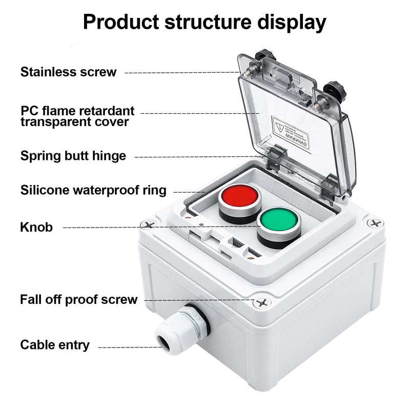 IP67 Button Switch Outdoor Waterproof Box 2 Green and Red Push Button Emergency Button with Protective Cover Anti-misoperation Switch(AC/DC 6A-110V/3A-240V/2.5A-380V) Red Green Self-locking - 2 Buttons