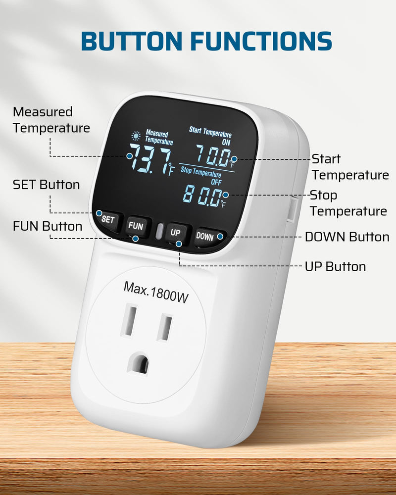DEWENWILS Digital Temperature Controller, Heavy Duty 15A/1800W Thermostat Outlet Plug, VA Display Heating Cooling Control Timer, -40℉~210℉, Cyclic Timing/Countdown, for Greenhouse Incubator Homebrew White