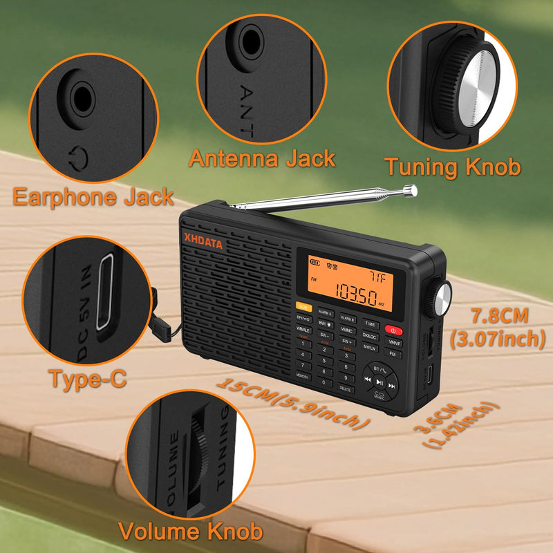 XHDATA D109WB Portable AM/FM/SW/LW/WB Weather Radio Shortwave Radio Receiver with NOAA Alert, Battery Operated Great Sound Wireless BT Mp3 Speaker, SOS Alert Alarm Clock Sleep Function