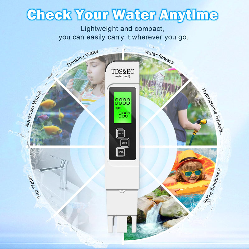 4 in 1 TDS Meter - TDS EC & Temperature(°C,°F) Meter,Accurate & Reliable Digital Water Testing Kits for Drinking Water, Tap, Well, Swimming Pool,Hydroponics, Aquarium, RO/DI System (Black & White) black & white