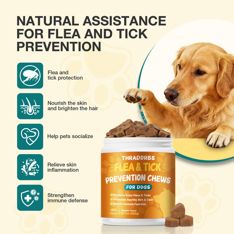 Dog Flea & Tick Chewables, 180 Count - Natural Oral Treatment, Skin & Coat Supplement for All Dog Breeds & Ages