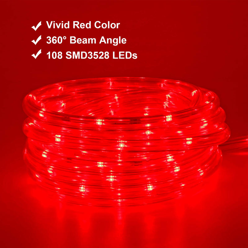 Red LED Lights, 16ft Rope Lights, Flexible and Connectable Strip Lighting, Waterproof for Indoor Outdoor Use, 360 Beam Angle, High Brightness for Home Christmas Thanksgiving Halloween Red
