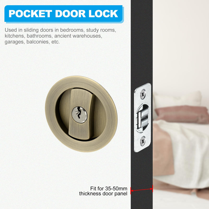 PATIKIL Round Recessed Door Lock with Keys, Pocket Door Lock Invisible Hardware Privacy Sliding Door Lock for Bathroom Bedroom Barn Door for 1-3/8" to 2" Thickness Door, Bronze